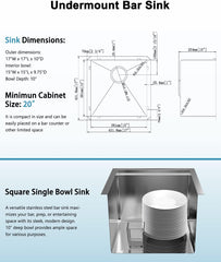Homtone 17x17" Bar Prep Sink Undermount Single Bowl Stainless Steel Kitchen Sink