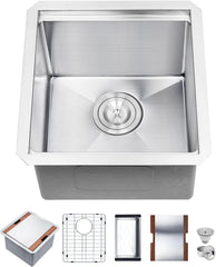 Homtone 15x16" Single Bowl Stainless Steel Undermount Kitchen Sink with Cover 10" Deep