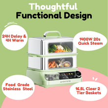 Homtone 16.5L Electric Food Steamer with 20s Fast Steam, 1400w Vegetable Steamer with See-Through Windows, 24H Delay & 4H Keep-Warm, 6 Preset Timings, Double Baskets, Stainless Steel, BPA-Free