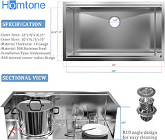 Homtone 32x19 Inch Undermount Kitchen Sink