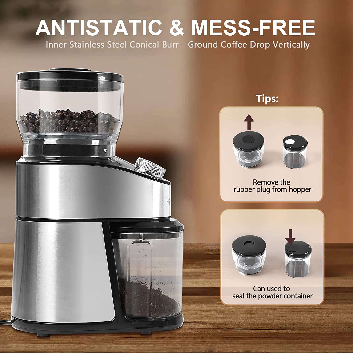 Coffee Grinder Electric Burr Conical with Stainless Steel Blades